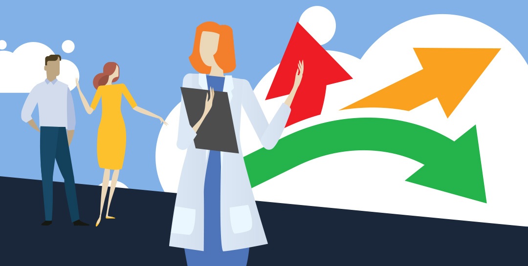 Stylized woman holding clipboard with arrows and two other people in the background.