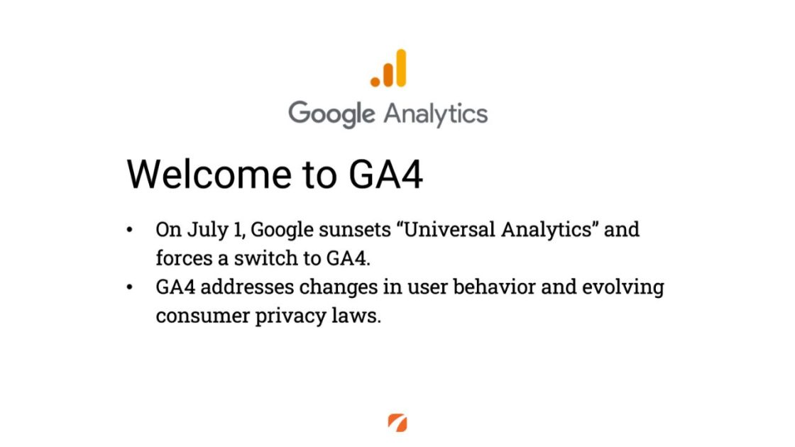 Google Analytics logo (Welcome to GA4
On July 1, Google sunsets "Universal Analytics" and forces a switch to GA4.
GA4 addresses changes in user behavior and evolving consumer privacy laws.) 
Etna Interactive logo