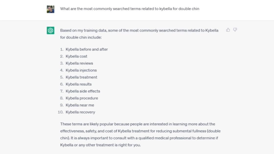 Screenshot of Chat GPT conversation about most commonly searched terms related to Kybella for double chin. All search terms begin with the word Kybella.