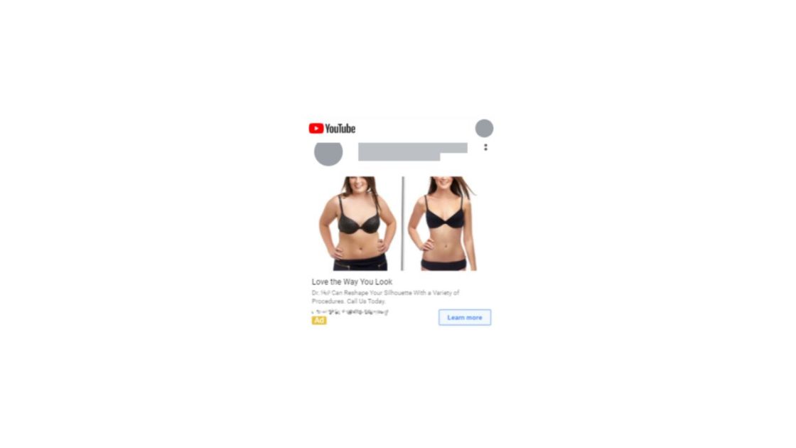 AI generated before and after image for a YouTube ad, of a woman wearing a bra and underwear. She is noticeably skinnier in the 'after' image. 