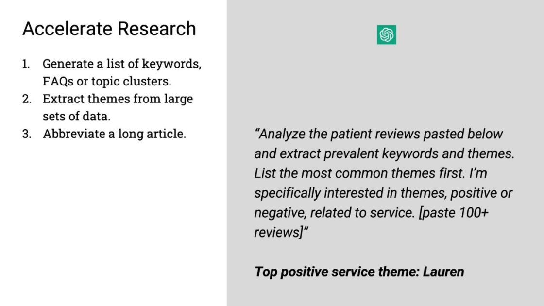 (Accelerate Research
1. Generate a list of keywords, FAQs or topic clusters.
2. Extract themes from large sets of data.
3. Abbreviate a long article.
"Analyze the patient reviews pasted below and extract prevalent keywords and themes. List the most common themes first. I'm specifically interested in themes, positive or negative, related to service. [paste 100+ reviews]"
Top positive service theme: Lauren)
Open AI logo