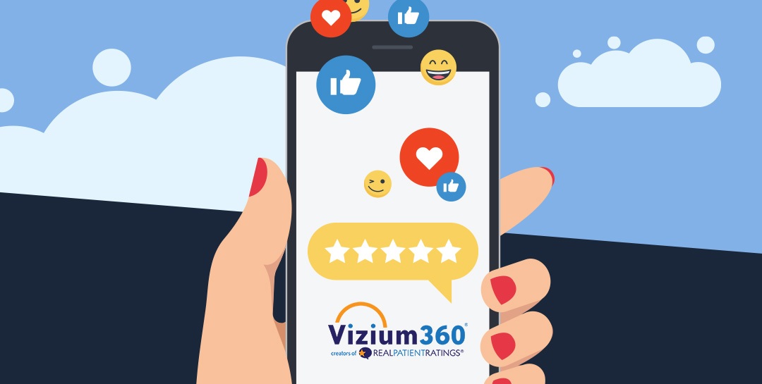Stylized hand with painted nails holding smartphone with "Vizium 360" with star rating bubble and social media reactions.