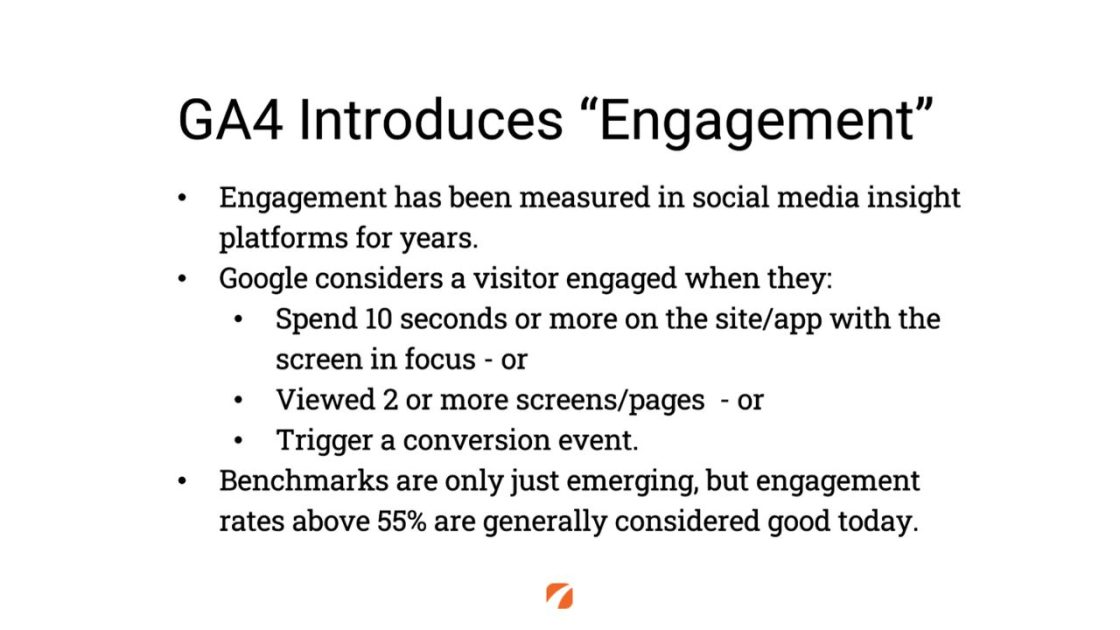 (GA4 Introduces "Engagement"
Engagement has been measured in social media insight platform for years.
Google considers a visitor engaged when they:
Spend 10 seconds or more on the site/app with the screen in focus - or
Viewed 2 or more screens/pages - or
Trigger a conversion event.
Benchmarks are only just emerging, but engagement rates above 55% are generally considered good today.)
Etna logo