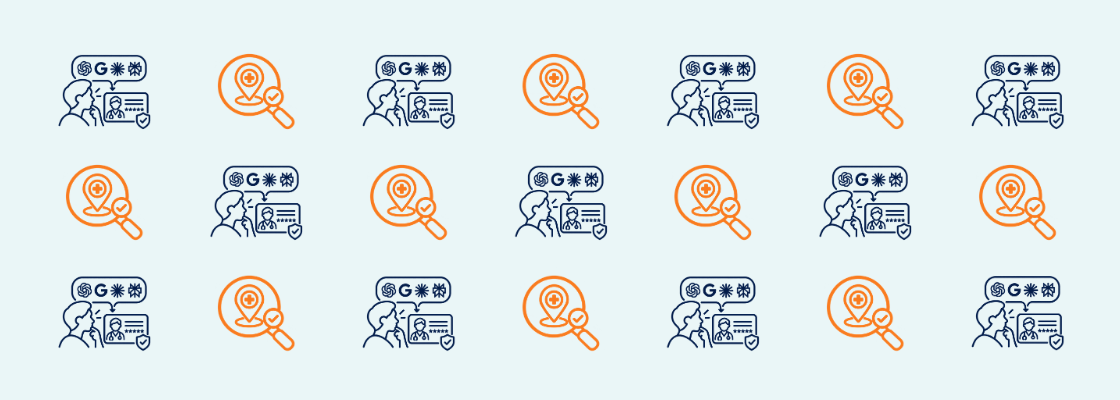Repeating pattern of navy blue AI-powered doctor search icons and orange magnifying glass healthcare location icons on a light blue background, illustrating how patients use artificial intelligence to find and evaluate medical providers.