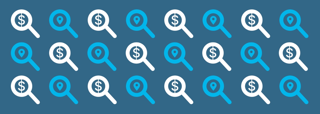 Repeating magnifying glass icons with dollar signs