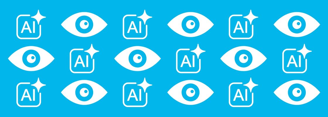 Repeating pattern of AI and eye icons on a light blue background, symbolizing using artificial intelligence in search.
