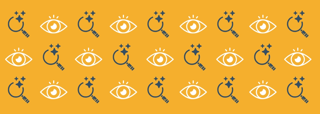 Repeating pattern of white eye icons and dark blue AI-powered magnifying glass icons on a yellow background.
