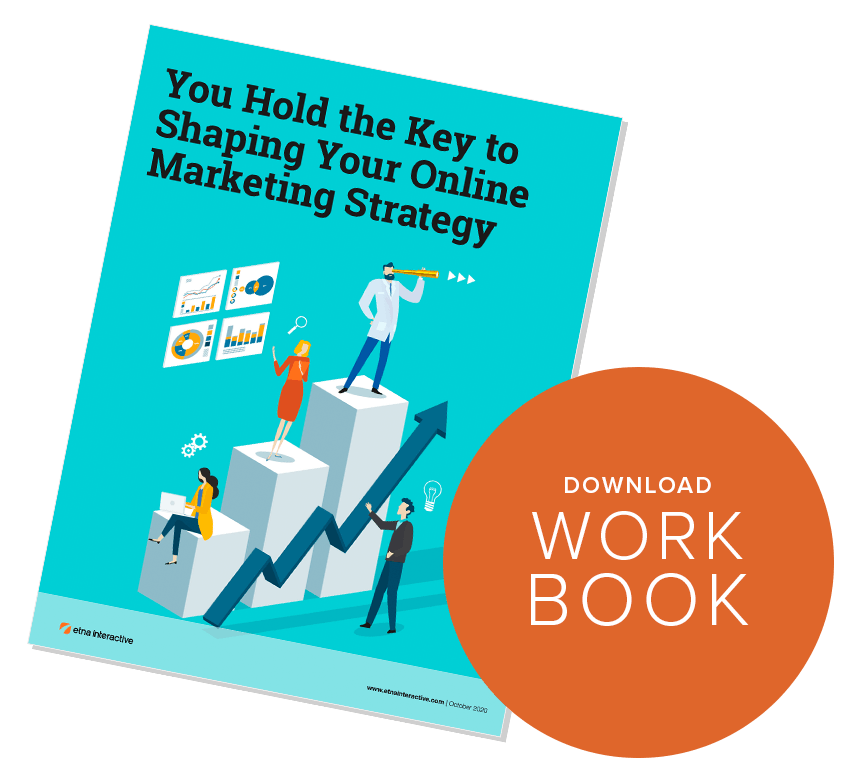 Stylized book saying "You Hold the Key to Shaping Your Online Marketing Strategy" and orange bubble says "Download Work Book."