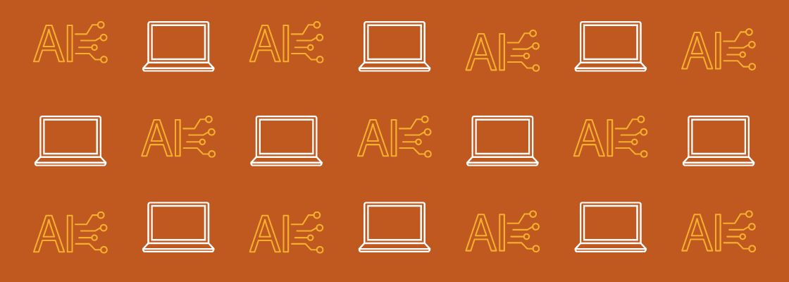 Orange background with a geometric pattern of laptops and AI graphic icons