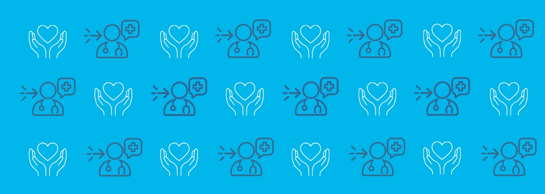 Repeating pattern of healthcare icons featuring hands holding a heart and patient-to-provider symbols on a bright blue background.