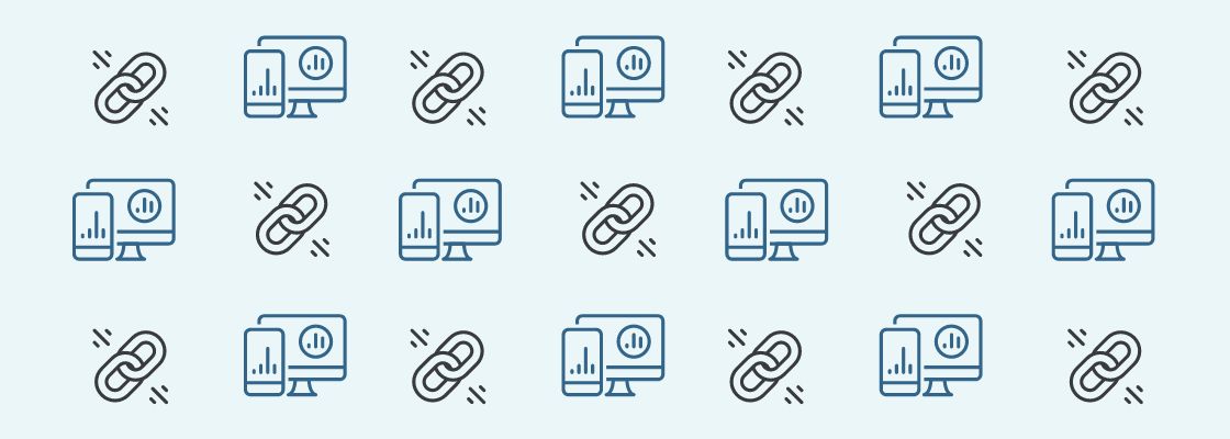 Light blue background with geometric patterns of phone and desktops with graphs and link graphics.