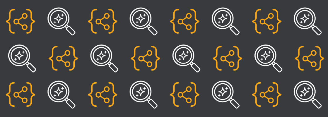 Repeating icons representing structured data and AI search, with connected nodes in code brackets and a magnifying glass with AI sparkles.