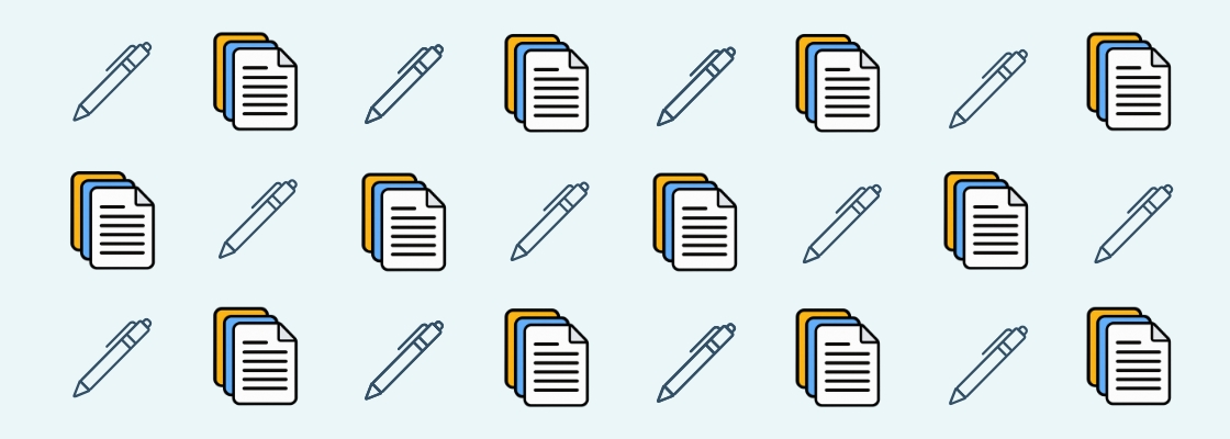 Alternating pattern of outlined pen icons and stacked document icons in orange, blue, white, and black on a light blue background.
