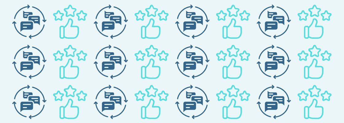 Icons representing patient feedback displayed on a blue background, including symbols for ratings, reviews, and testimonials.