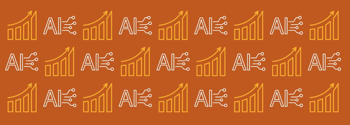 Orange background with geometric pattern of AI icons and rising chart icons.