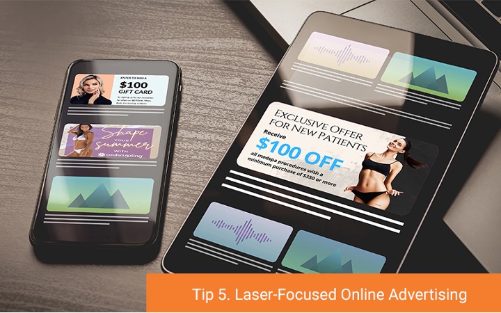 A phone and a tablet with images of ads that stand out against a background of more boring ads (Tip 5. Laser-Focused Online Advertising)