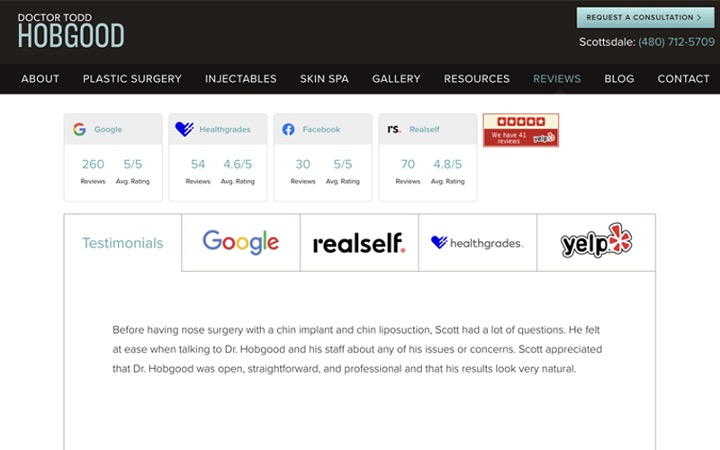 Review page on Doctor Todd Hobgood's website with testimonials and review site widgets.