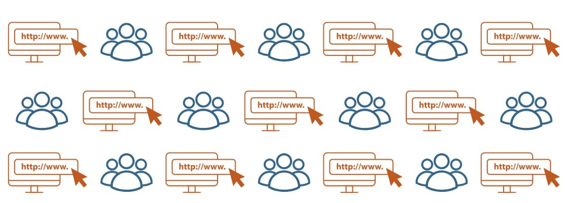 Repeating pattern of website and user icons on a blue background, symbolizing online presence, website traffic, and audience engagement.