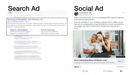 Side-by-side comparison of Google and Facebook ads for nonsurgical treatments