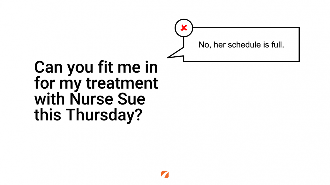 Can you fit me in for my treatment with Nurse Sue this Thursday?
No, her schedule is full.
