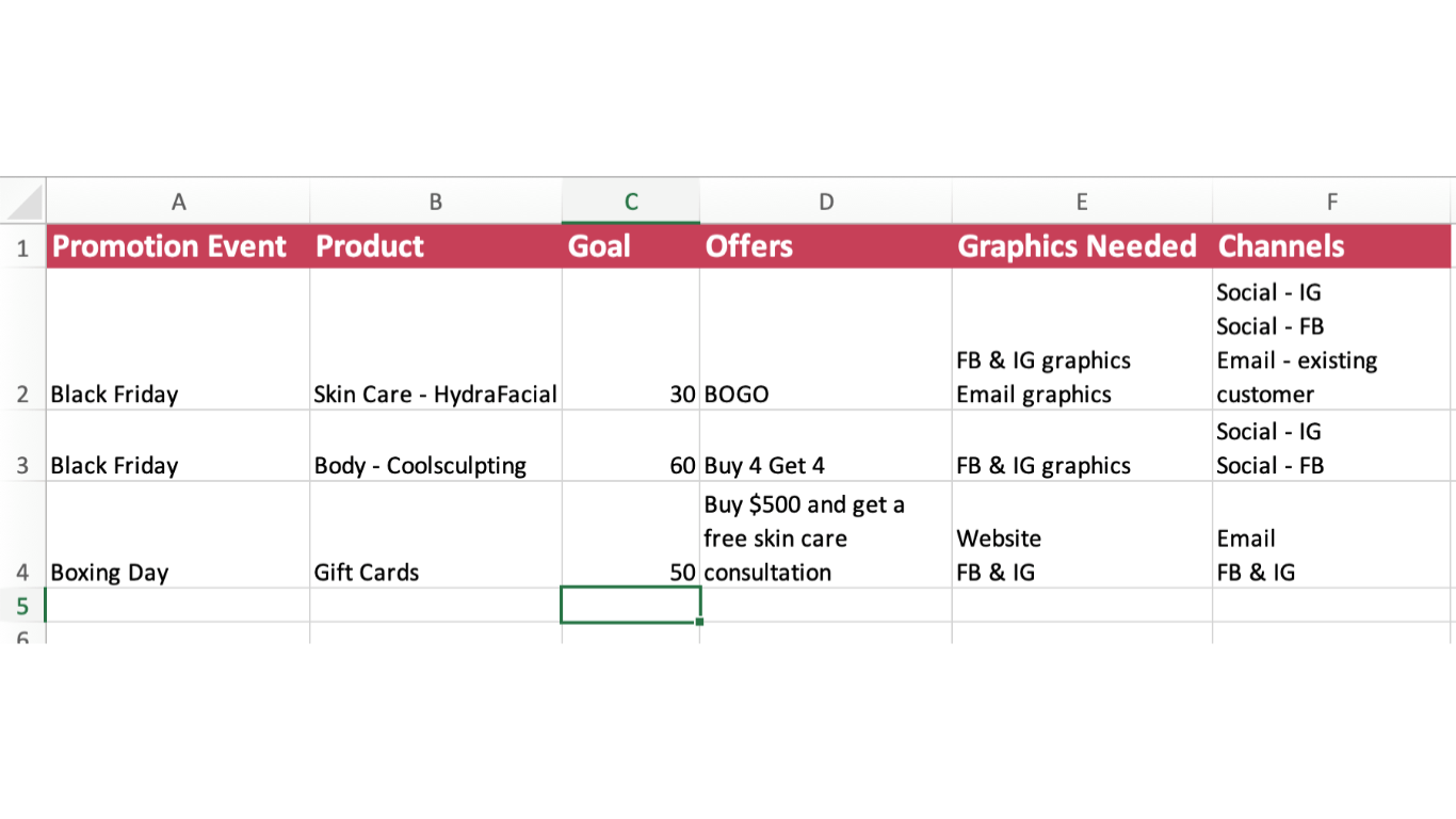 Example spreadsheet of holiday promotional planning