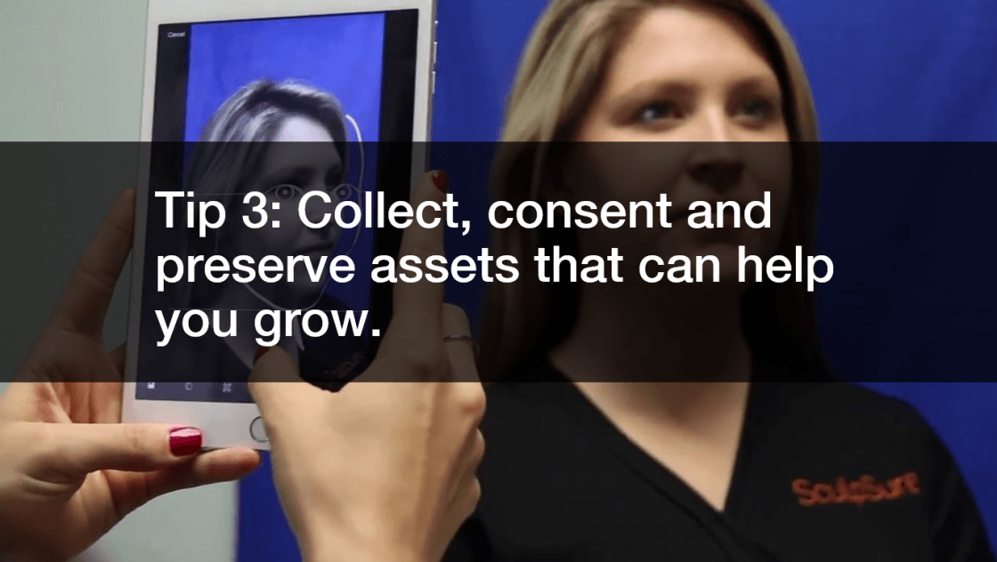 (Tip 3: Collect, consent and preserve assets that can help you grow.) Woman getting a before and after picture taken.