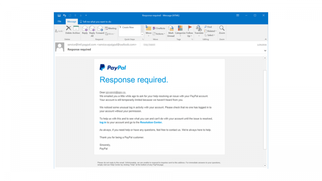 Image of phishing PayPal email.