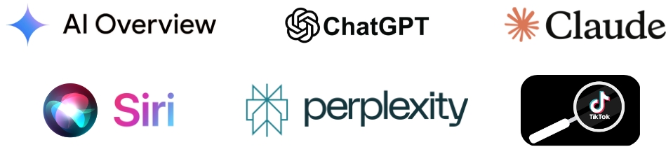 AI logos: AI OVerview; ChatGPT; Claude; Siri; perplexity; TikTok