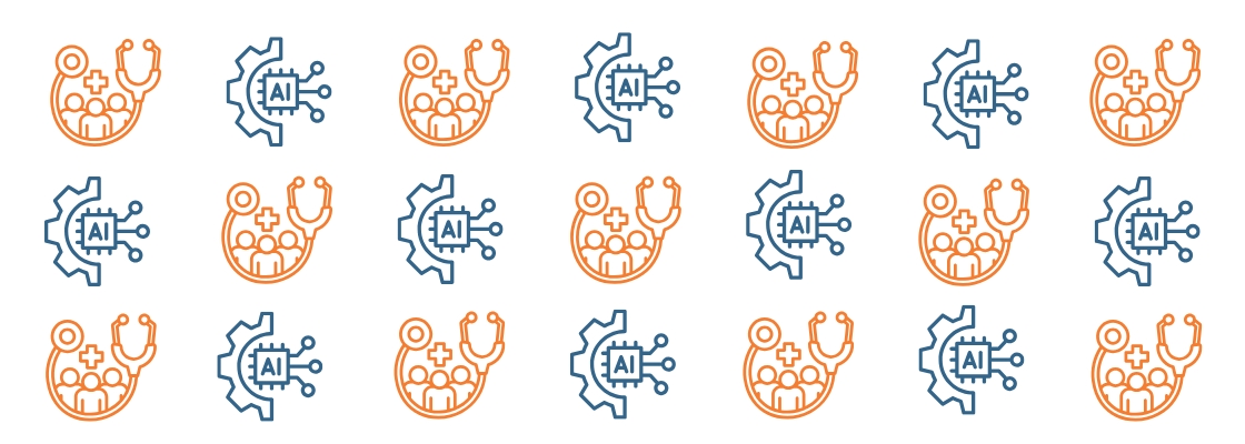 Repeating pattern of AI and medical provider icons on a white background.