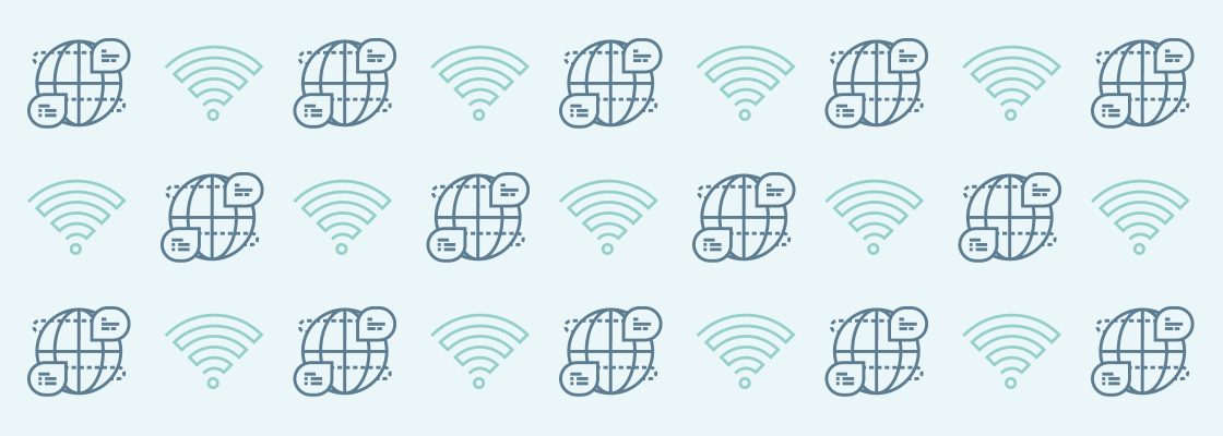 Pattern of blue globe-with-chat icons and teal Wi-Fi symbols on a light background.