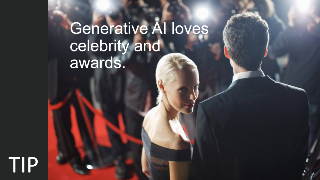 Man and woman on a red carpet in front of flashing cameras (TIP: Generative AI loves celebrity and awards)