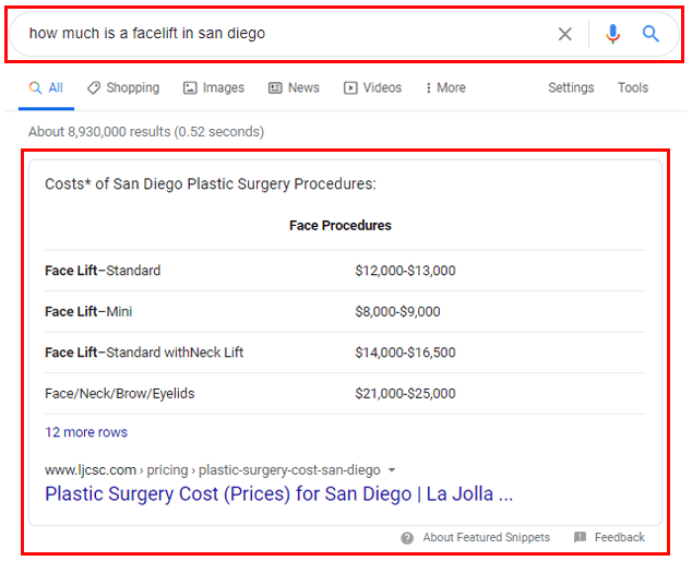 Example of a featured snippet result in Google.