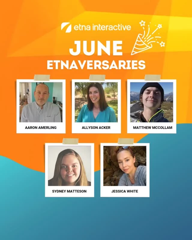 Happy Etnaversaries! 🎉

A big shoutout to Aaron, Allyson, Matthew, Sydney, and Jessica for their amazing contributions this month. 

Your hard work and dedication are what make Etna Interactive thrive! 🌟
Here’s to many more years of success together!

#EtnaInteractive #WorkAnniversary #TeamEtna #EmployeeAppreciation #CompanyCulture